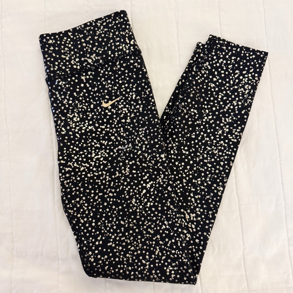 Nike One Dri-Fit Leggings Girls Size LARGE Black Gold Metallic Stars All‎ Over